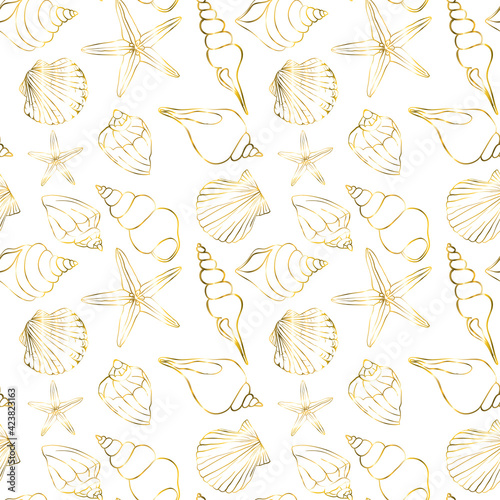 Seamless pattern on a white background with gold starfish and seashells.