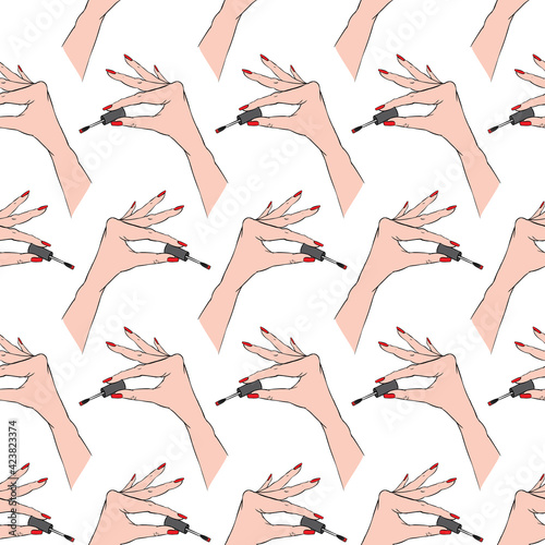 Seamless hand pattern on white background. Cute funny girlish illustration with red nails. Trendy fashion illustration.