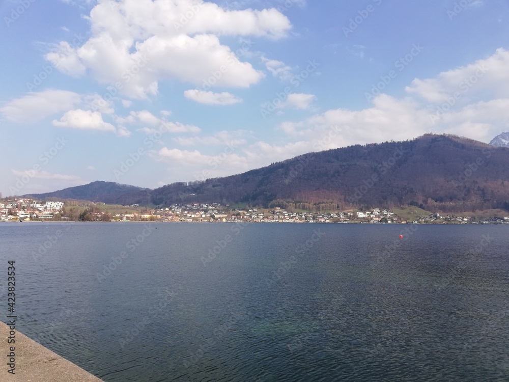 View of the lake and mountains from Gmunden Austria