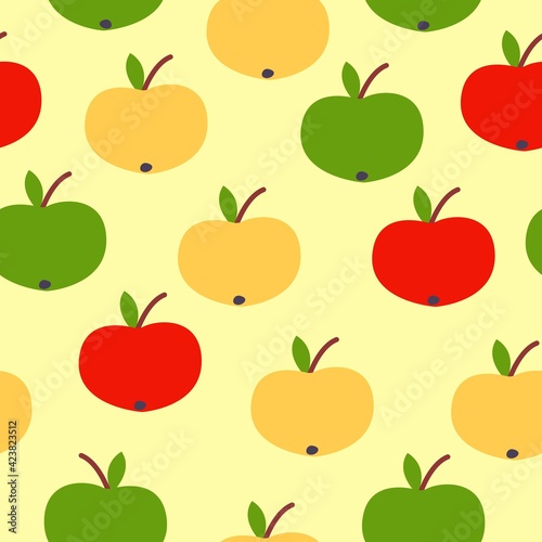 Seamless pattern. Red, green, yellow apples. Yellow background. Vegan or vegetarian. Healthy lifestyle. Nature and ecology. Agriculture and gardening. Post cards, wallpaper, textile, wrapping paper