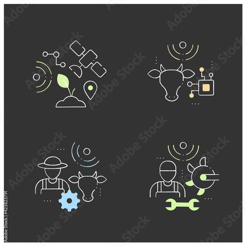 Smart farm chalk icons set. Consist of machinery technician  RFID identification  animal breeder  GPS geofencing.Agricultural innovation concepts.Isolated vector illustrations