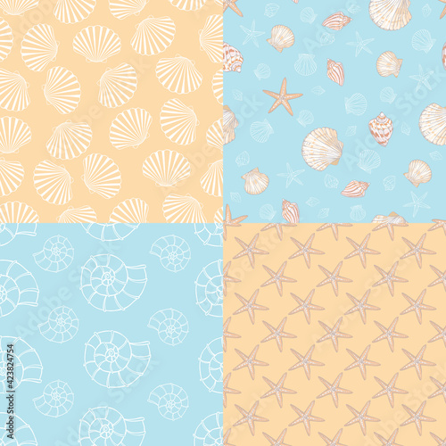 A set of marine and marine seamless patterns in orange and blue.