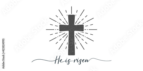 He is risen. Cross with religion text. Lettering style. Christian typography poster. Easter poster. Easter lettering. Vector