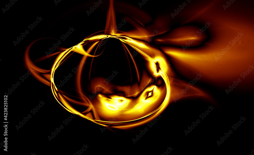 Red hot fluid golden oval shape on black background. Revolving drop or bubble blazing. Liquid gold. Abstract artwork great as design, decoration, prints or web purposes, overlays, templates.