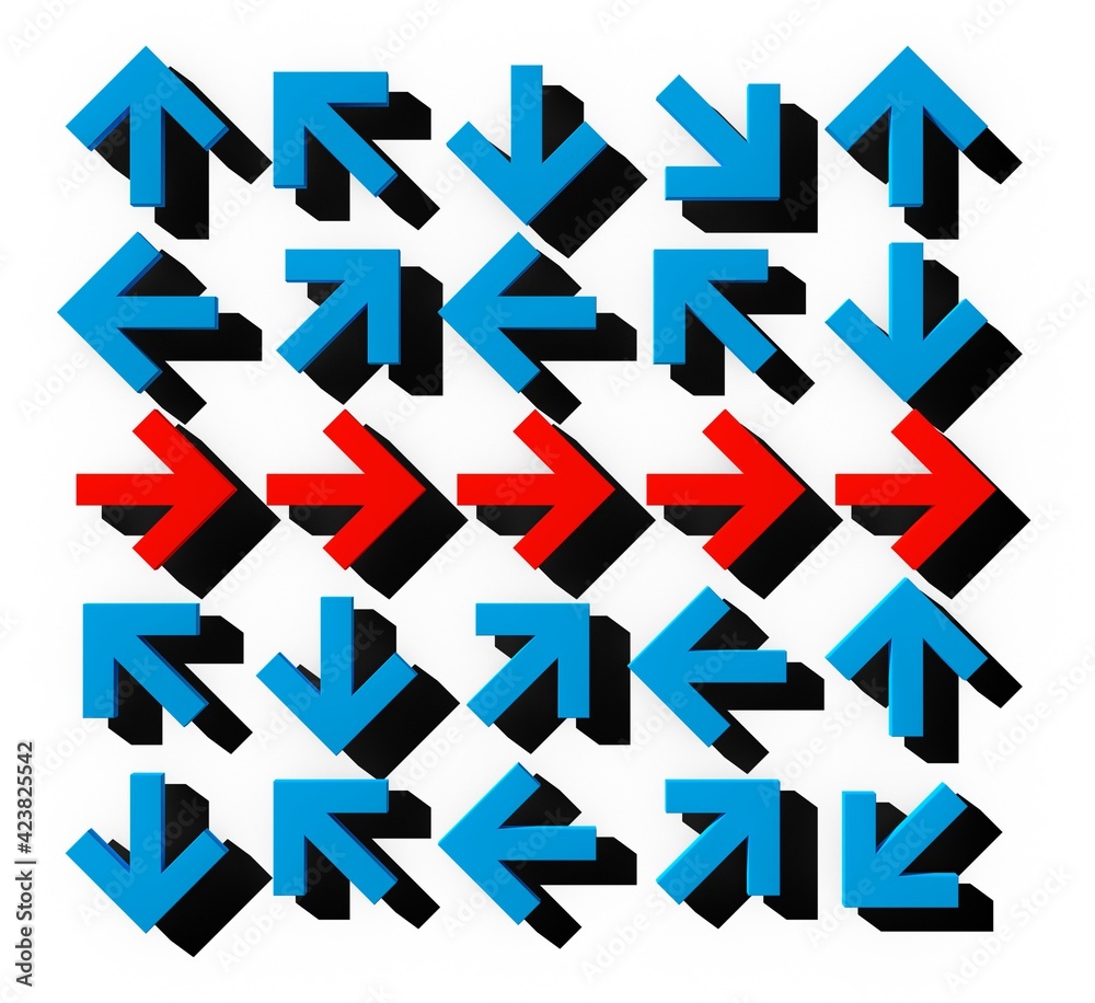 Many arrows pointing in different directions with arrows in the middle forming straight path over white background, solution, career, plan or success concept Many arrows pointing in different directions with arrows in the middle forming straight path over white background, solution, career, plan or success concept