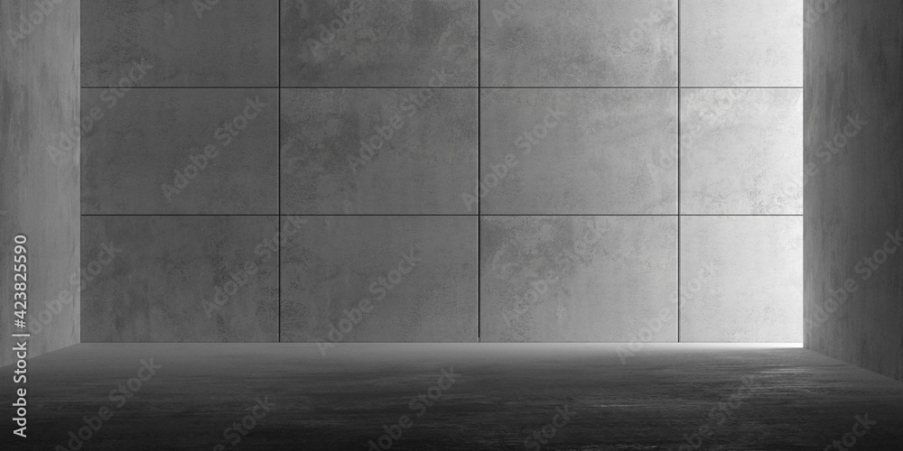 Abstract empty, modern concrete room with indirect lighting from right, plated back wall and rough floor - industrial interior background template Abstract empty, modern concrete room with indirect lighting from right, plated back wall and rough floor - industrial interior background template