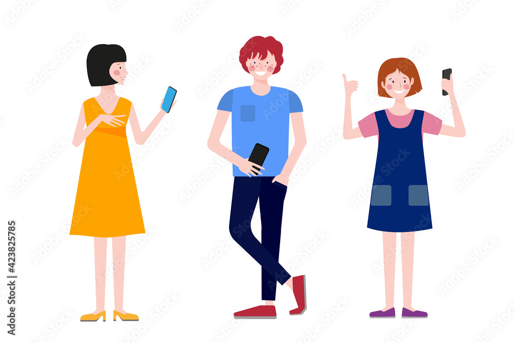 Boys and girls stand with phones. Children communicate. Teen relationship. Boys and girls stand with phones. Children communicate. Teen relationship.
