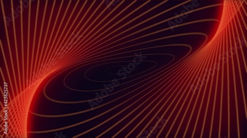 Loopable abstract digital neon geometric tunnel background. 4K futuristic sparkling animation pattern that moves forward with orange and red colors on dark Technology and cyber concept with copy space