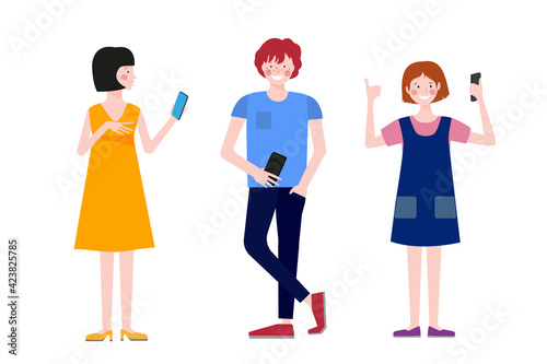 Boys and girls stand with phones. Children communicate. Teen relationship. 