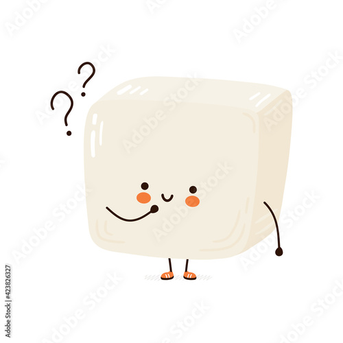 Cute funny Tofu with question marks. Vector hand drawn cartoon kawaii character illustration icon. Isolated on white background. Tofu think concept