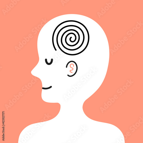 Cute happy smile funny human character with mental harmony in head. Vector hand drawn cartoon kawaii character illustration icon. Calm, mental harmony character concept