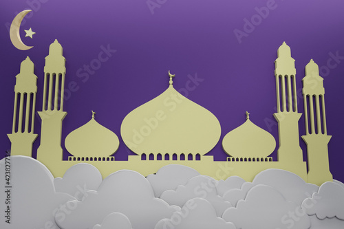 3d rendering of Large Mosque, Large Cloud And Purple Background. Arabic calligraphy is mean Celebrate. Perfect for background,  Greeting Card, add picture, advertisement product and mock up object.