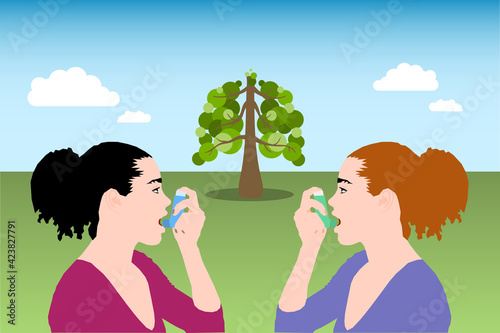 World asthma day. Illustration of two girls directing the nozzle of an inhaler towards her mouth. Bronchial asthma. Medical allergy asthma inhaler spray.