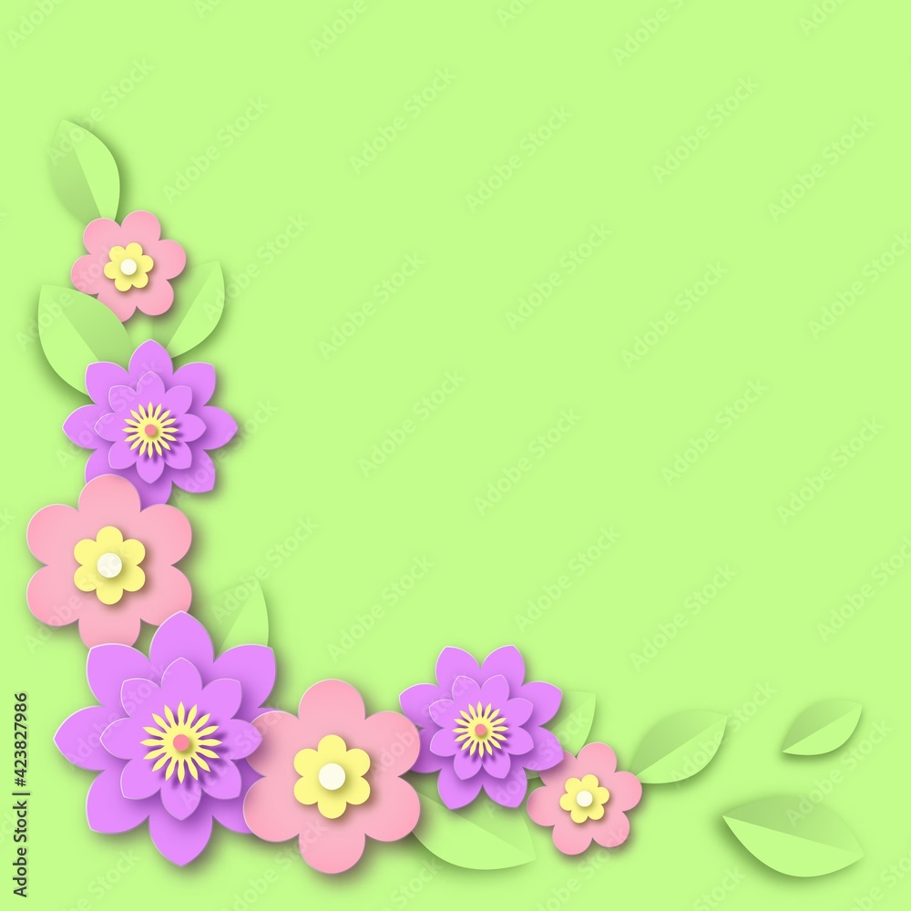 Purple branch of flowers with scattering green leaves banner. Bright pink anemone with spring ornament holiday and birthday application romantic creative vector invitation.