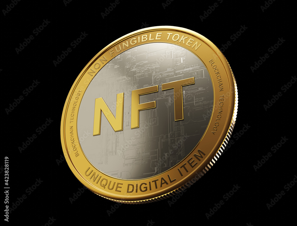 NFT - non fungible token gold metal coin 3D render NFT - non fungible token gold metal coin 3D render