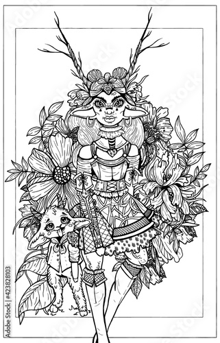 Fairytale cartoon character, girl in dress with a fluffy skirt, with long horns, big ears and round earrings, stand in vegetation and flowers with little funny goat in a shirt with bow-knot on neck.