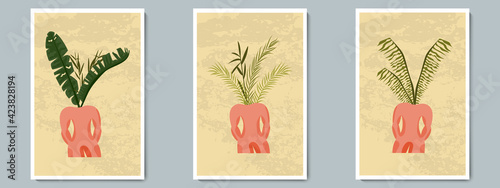 Hand Draw Unusual Man Figure Pottery Vase with Tropical Plants. Trendy Collage for Decoration in Greek Style.