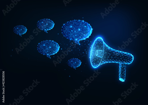 Futuristic announcement, promotion, advertisement concept with megaphone and speech bubbles