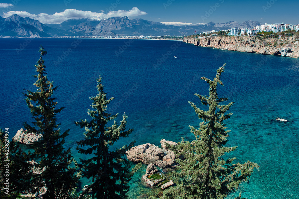 View of Mediterranean Sea near shore of Antalya in Turkey in spring.