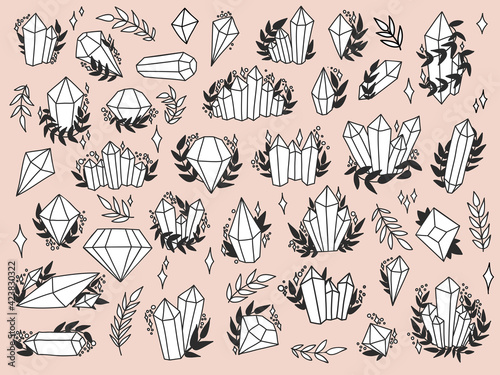 Hand drawn crystal set. Collection of magic elements. Witchcraft design fo stickers. Vector black and white illustration on white backgound.