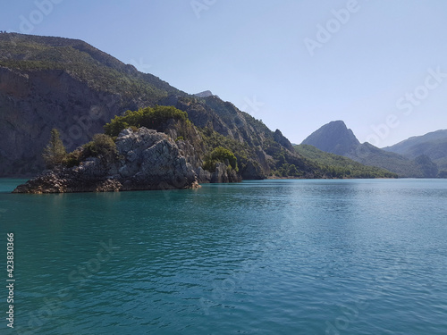 Seascape. Bay with green water against the background of mountains covered with forest on a cloudless sunny day. © Сергей Лазареско