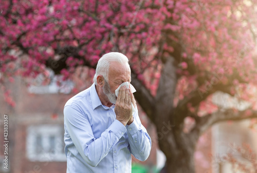 Old man having spring allergy reaction