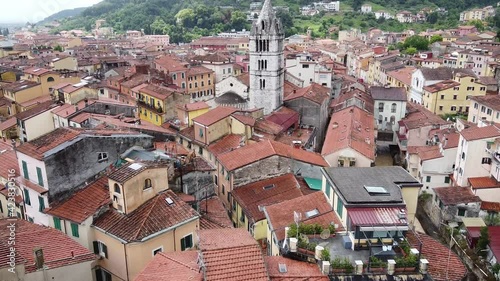 view of the city with a drone, massa carrara, liguria, italy