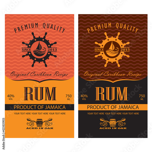 collection of rum labels with yacht and helm in retro style