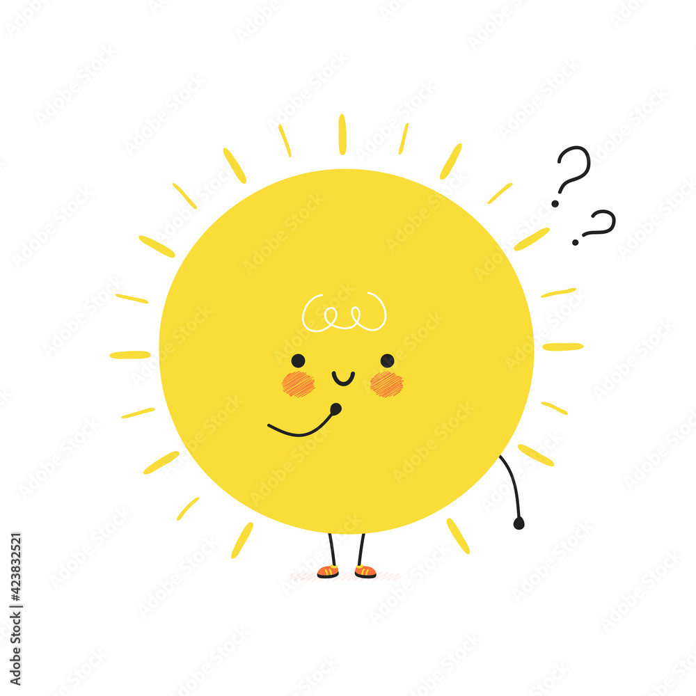 Cute funny Sun with question marks. Vector hand drawn cartoon kawaii character illustration icon. Isolated on white background. Sun think concept