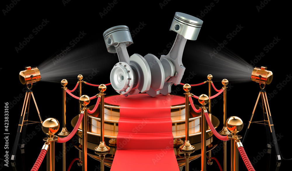 Podium with car engine pistons, 3D rendering Podium with car engine pistons, 3D rendering