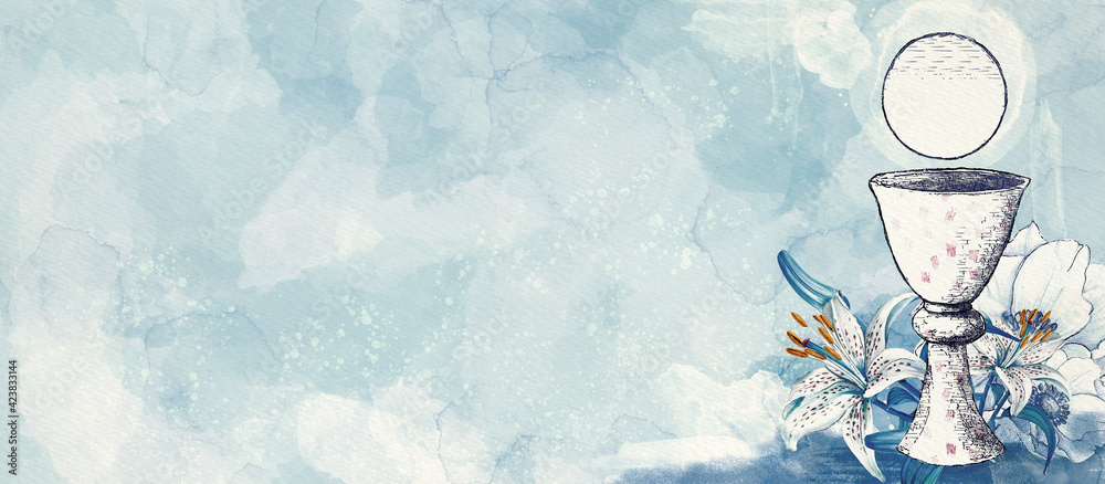 The first Holy Communion. Christian background. Engraving, watercolor