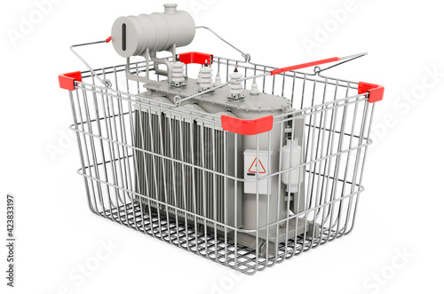 Shopping basket with oil-filled transformer, 3D rendering