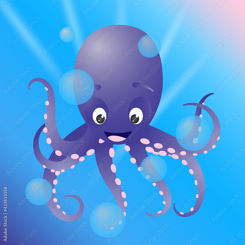 Cute smiling octopus in deep blue backdrop vector illustration. Aquatic animal. Cute smiling octopus in deep blue backdrop vector illustration. Aquatic animal.