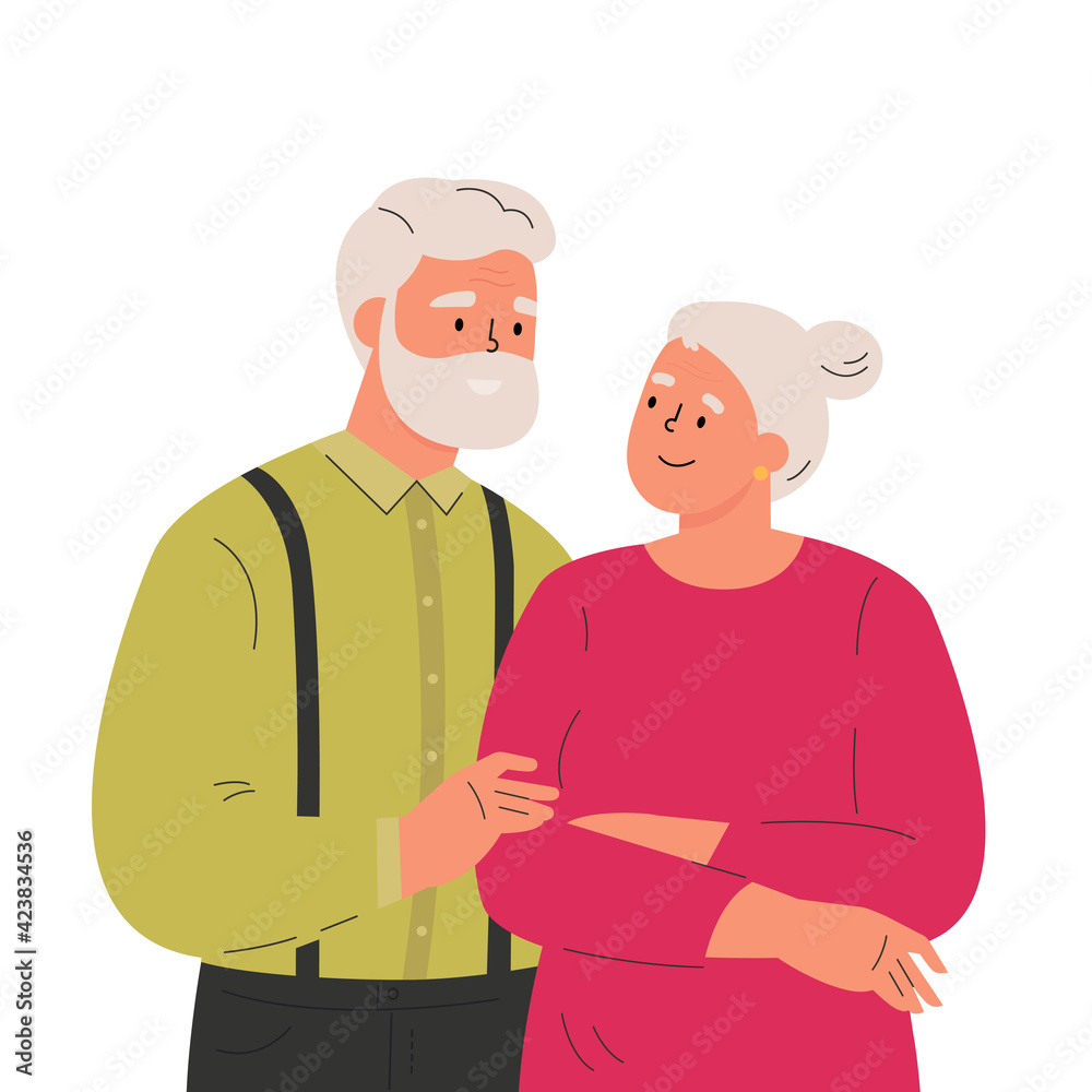 Happy elder man hugging his wife feeling love to each other. Portrait of old couple man and woman. Friendly family relationship. Cartoon vector flat illustration on white background. 