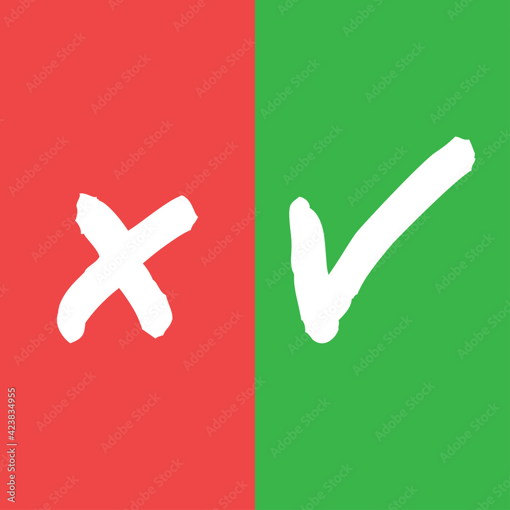 Checkmark vector icons. Green Tick and red x check marks. Grungy hand drawn style. Accepted and rejected symbols. Checkmark vector icons. Green Tick and red x check marks. Grungy hand drawn style. Accepted and rejected symbols.