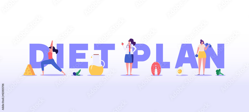Diet plan. Сoncept of fitness marathon, proper nutrition, healthy food, weight management, beautiful body, individual dietary service, vegetables, slimming. Vector illustration in flat design