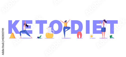 Keto diet vector illustration. Flat tiny slim fit body people concept. Diet plan checklist  training  nutrition control and vegetables  fish  oil. Weight management  individual dietary service