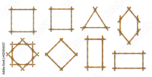 Bamboo frames. Brown bamboo sticks tied with ropes of square, rectangular and round shapes. Japanese style realistic 3d empty frames for banners or photos