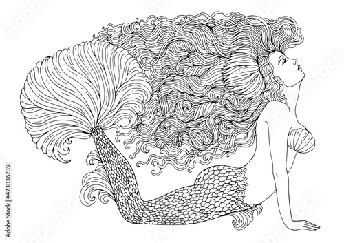 Vector drawing fantastic sea mermaid with developing long wavy hair decorated water lily. Sea goddess with a lush fin tail lies on the bottom and looks. Pattern ornamental coloring page Fairy tale 