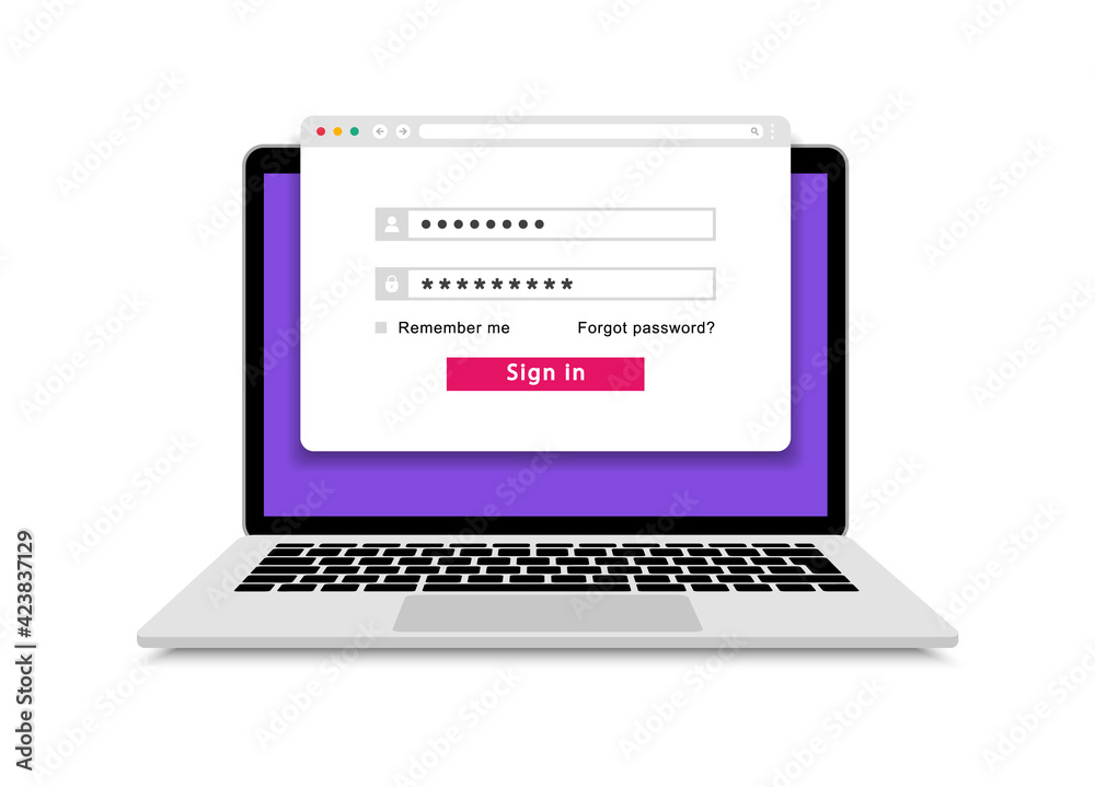 Login form on laptop screen. Laptop with login and password page. Username and password fields. User authorization on web browser window on computer. Vector illustration. Login form on laptop screen. Laptop with login and password page. Username and password fields. User authorization on web browser window on computer. Vector illustration.
