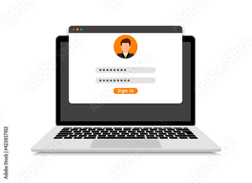 Login form on laptop screen. Laptop with login and password page. Username and password fields. User authorization on web browser window on computer. Vector illustration.