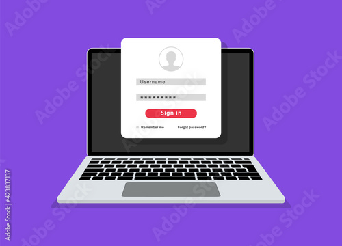 Login form on laptop screen with login and password page. Username and password fields. Online registration. Sign in to account. User authorization. Vector illustration.
