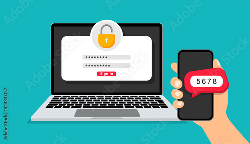 Two steps authentication. Verification code message on smartphone. Notice with code for secure login or sign in. Two factor verification via laptop and phone. Vector illustration. photo