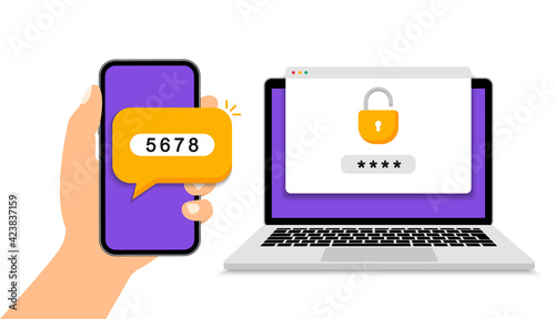 Two steps authentication. Verification code message on smartphone. Notice with code for secure login or sign in. Two factor verification via laptop and phone. Vector illustration.