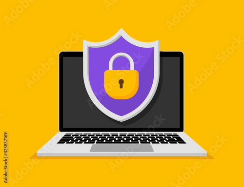 Concept data protection on laptop. Shield with lock on computer. Internet security. Protect confidential data laptop. Vector illustration.