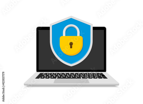 Concept data protection on laptop. Shield with lock on computer. Internet security. Protect confidential data laptop. Vector illustration.