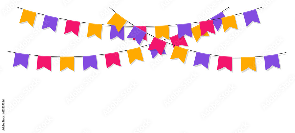 Colorful garland with celebration flags. Colour bunting. Carnival garland for birthday, party and holiday. Banner or poster for decoration.