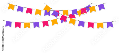 Colorful garland with celebration flags. Colour bunting. Carnival garland for birthday, party and holiday. Banner or poster for decoration.