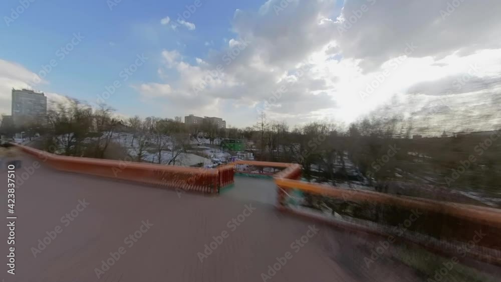 Walk on the modern covered pedestrian bridge over the river with 360 degree action cam,time lapse,
