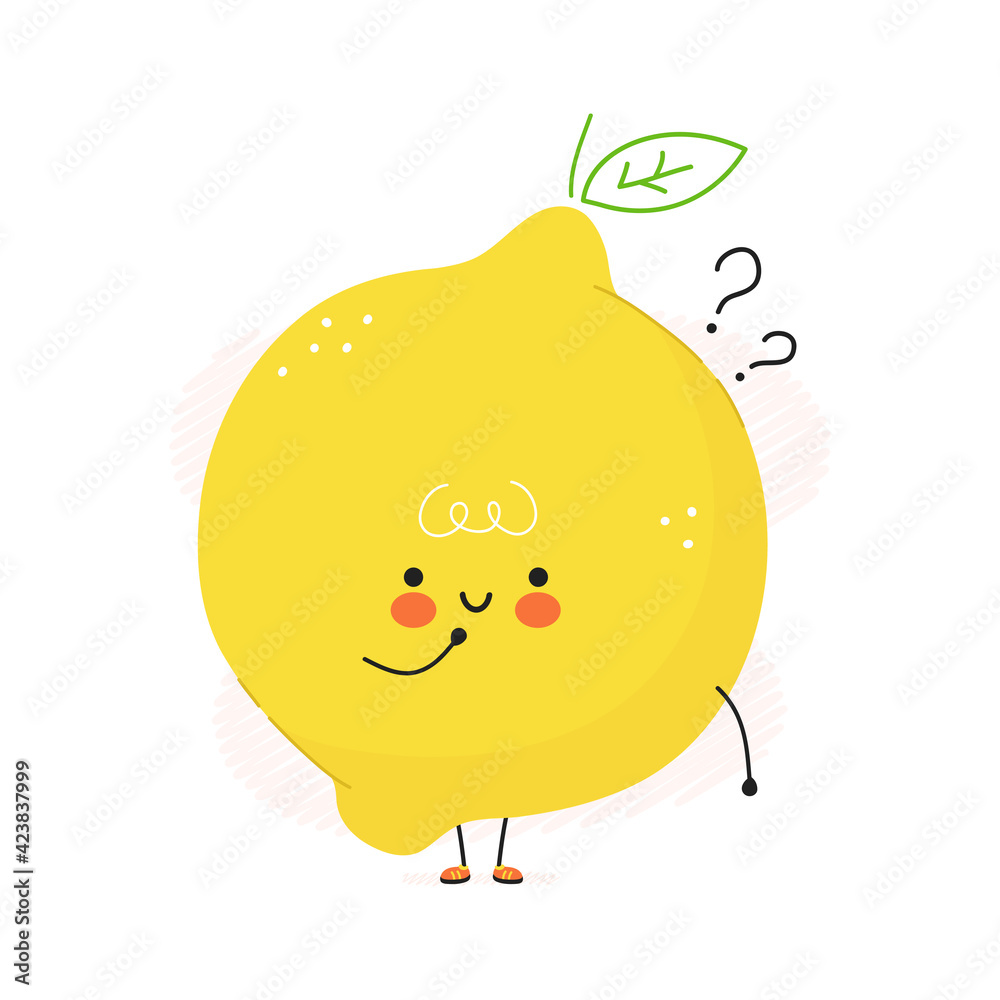 Cute funny Lemon fruit with question marks. Vector hand drawn cartoon kawaii character illustration icon. Isolated on white background. Lemon fruit think concept Cute funny Lemon fruit with question marks. Vector hand drawn cartoon kawaii character illustration icon. Isolated on white background. Lemon fruit think concept